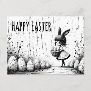 Black and White Easter Girl with Bunny Ears Postcard