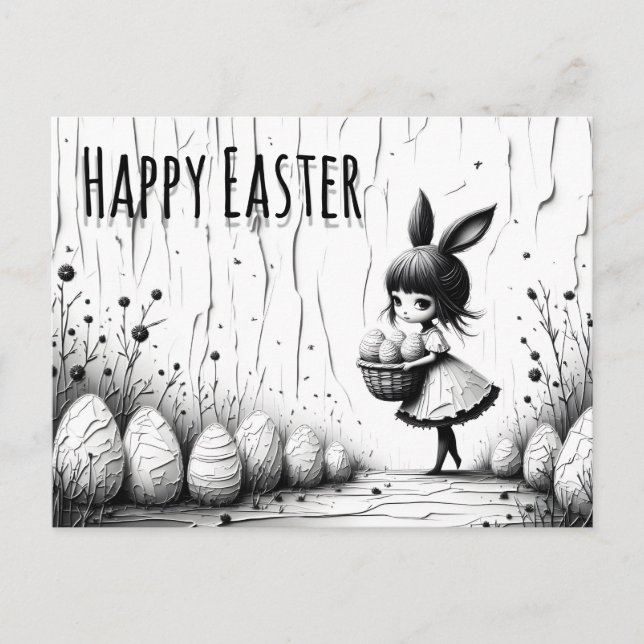 Black and White Easter Girl with Bunny Ears Postcard (Front)