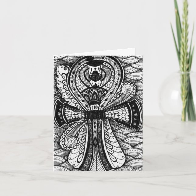 Black and White Egyptian Scarab Ankh Thank You Card (Front)