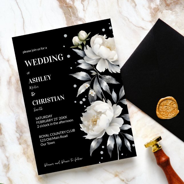 Black and white elegant boho all in one wedding invitation (Black and white elegant boho flower all in one wedding editable template invitation digital download)