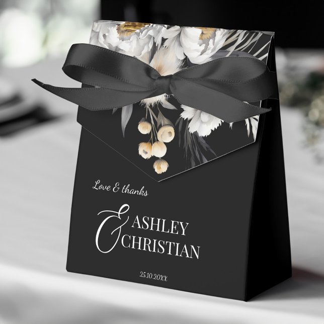 Black and white elegant boho wedding favours favour box (Black and white elegant boho wedding favors personalized  favor box white peonies black favor box)