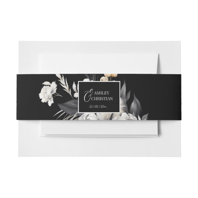 Black and white elegant boho wedding invitation belly band (Front Example)