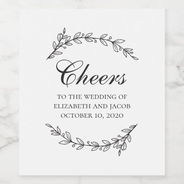 Black and white elegant botanical foliage wedding wine label (Single Label)