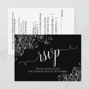Black and White Elegant Calligraphy Frilly Wedding RSVP Card