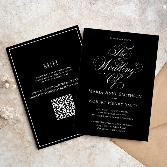 Black and White Elegant Calligraphy Script Formal Invitation (Elegant Black and White wedding invitation with stylish calligraphy script. )
