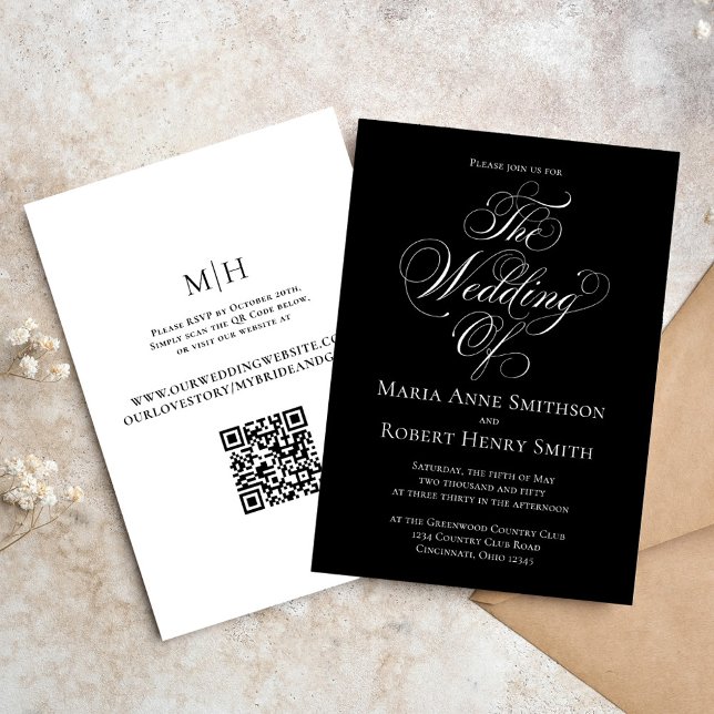 Black and White Elegant Calligraphy Wedding Invitation (Elegant Black and White wedding invitation with stylish calligraphy script. )