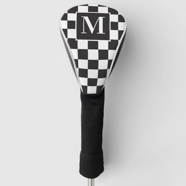Black And White Elegant Chequerboard Monogram Golf Head Cover (Front)