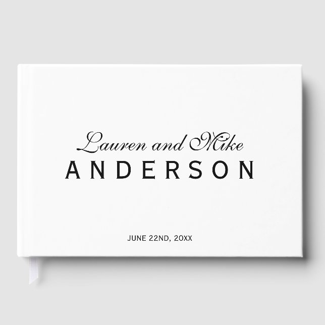Black and White Elegant Couple Name Wedding Script Guest Book (Front)