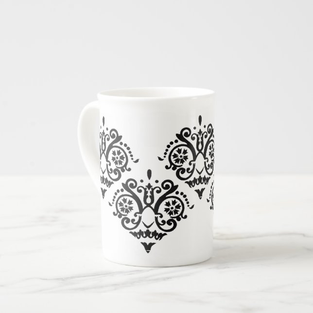 Black and White Elegant Damask Bone China Mug (Front Left)
