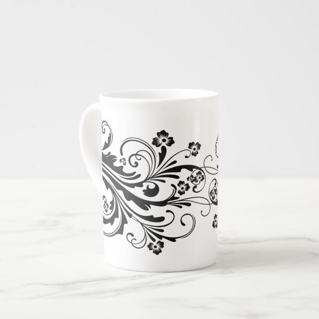 Black and White Elegant Damask Bone China Mug (Front Left)