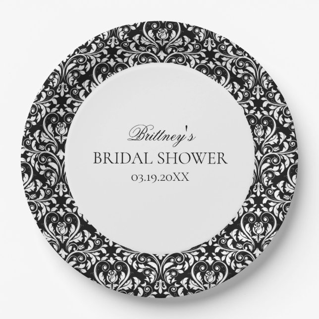 Black And White Elegant Damask Bridal Shower Paper Plate (Front)