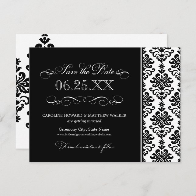 Black and White Elegant Damask Save the Date Announcement Postcard (Front/Back)