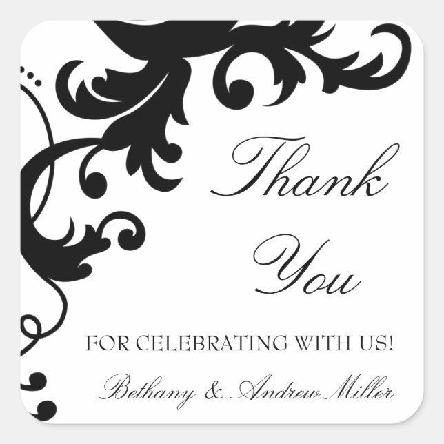 Black and White Elegant Damask Thank You Stickers (Front)