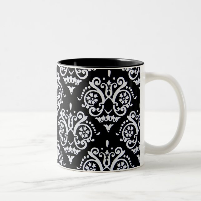 Black and White Elegant Damask Two-Tone Coffee Mug (Right)