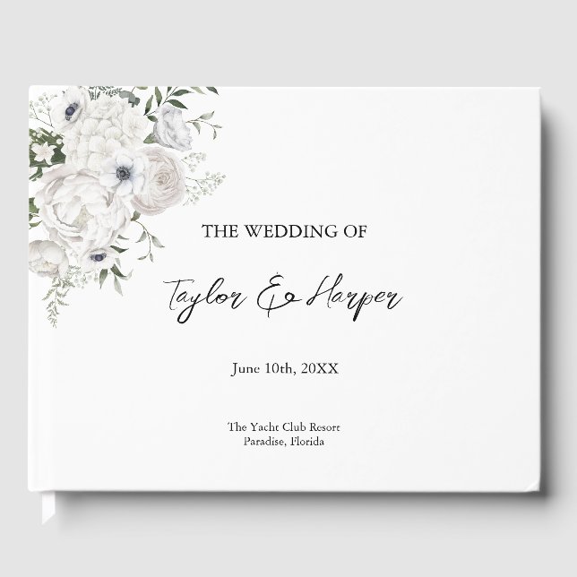 Black and White Elegant Floral Bouquet Modern Guest Book (Front)