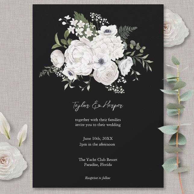 Black and White Elegant Floral Bouquet Modern Invitation (Creator Uploaded)