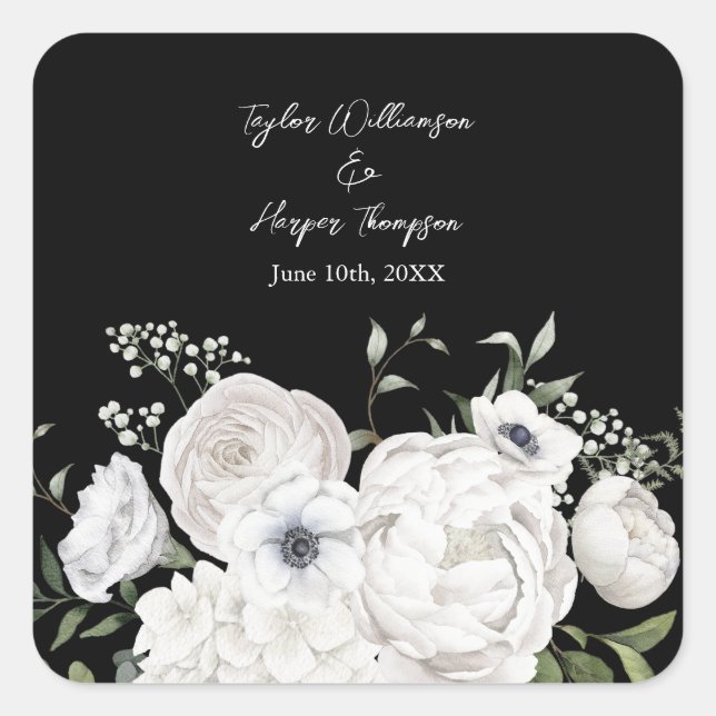 Black and White Elegant Floral Bouquet Modern Square Sticker (Front)