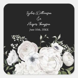 Black and White Elegant Floral Bouquet Modern Square Sticker