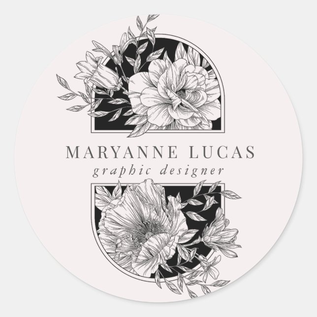 Black and White Elegant Floral Classic Round Sticker (Front)