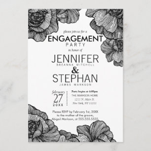 Black and White Elegant Floral Engagement Party Invitation