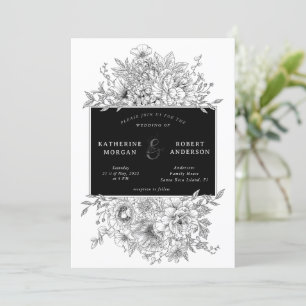 black and white elegant floral wedding invitation