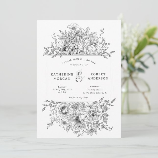 black and white elegant floral wedding invitation (Standing Front)