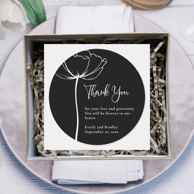 Black and White Elegant Floral Wedding Thank You  Classic Round Sticker (Creator Uploaded)