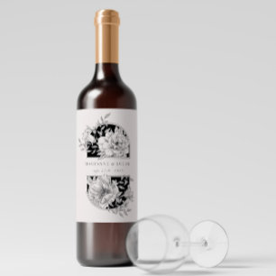 Black and White Elegant Floral Wedding Wine Label