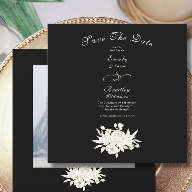 Black and White Elegant Gold Floral Roses Photo Save The Date (Creator Uploaded)