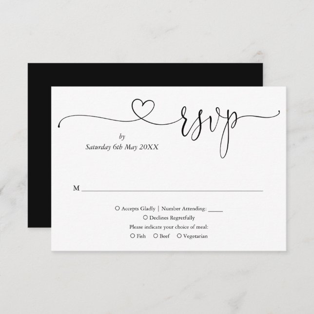 Black And White Elegant Heart Script RSVP Card (Front/Back)
