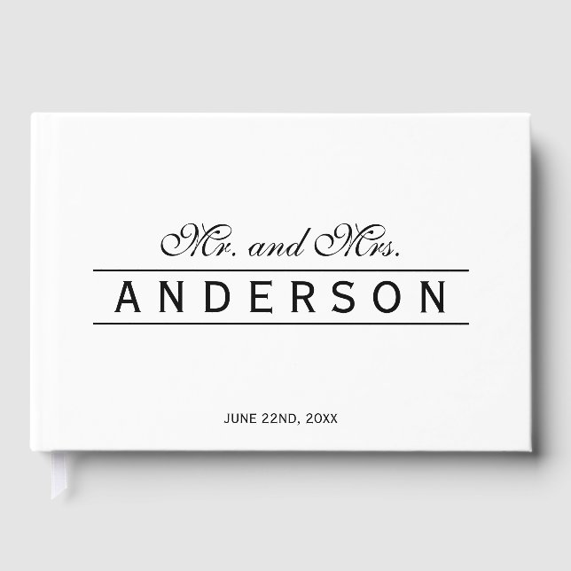 Black and White Elegant Lines Mr and Mrs Wedding Guest Book (Front)