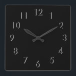 Black and White Elegant Minimalist Square Wall Clock<br><div class="desc">Upscale minimalist style design, with the sleek elegance and sophistication of black, with white edging on the numbers. Black and white are the classic colours of success in business, financial good fortune, sophistication, mystery, strength, power and social prestige. Black absorbs all colour. White reflects all colour. Black is Yin, the...</div>