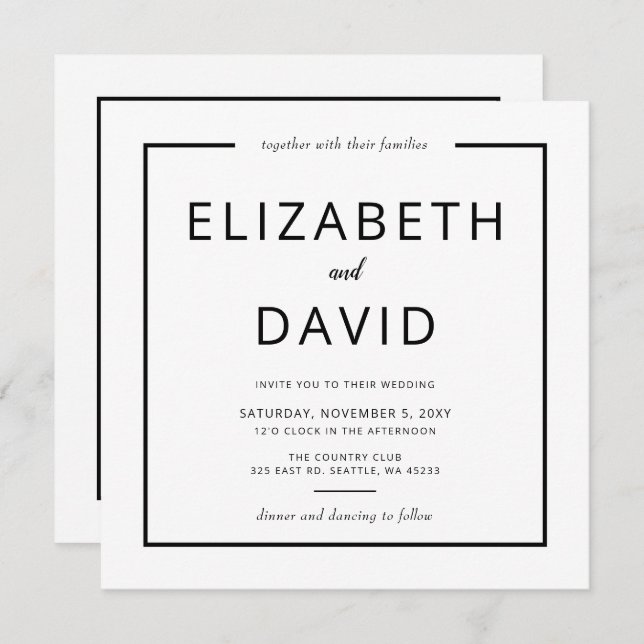 Black and White Elegant Modern Minimalist Wedding Invitation (Front/Back)