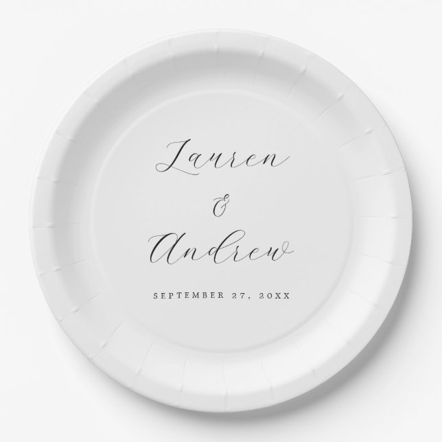 Black and White Elegant Modern Simple Wedding Paper Plate (Front)