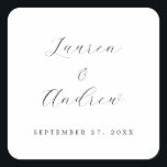 Black and White Elegant Modern Simple Wedding Square Sticker<br><div class="desc">Beautiful,  elegant and simple,  black minimalist square sticker. Fully customisable with your names,  date and colours to match your wedding theme.</div>