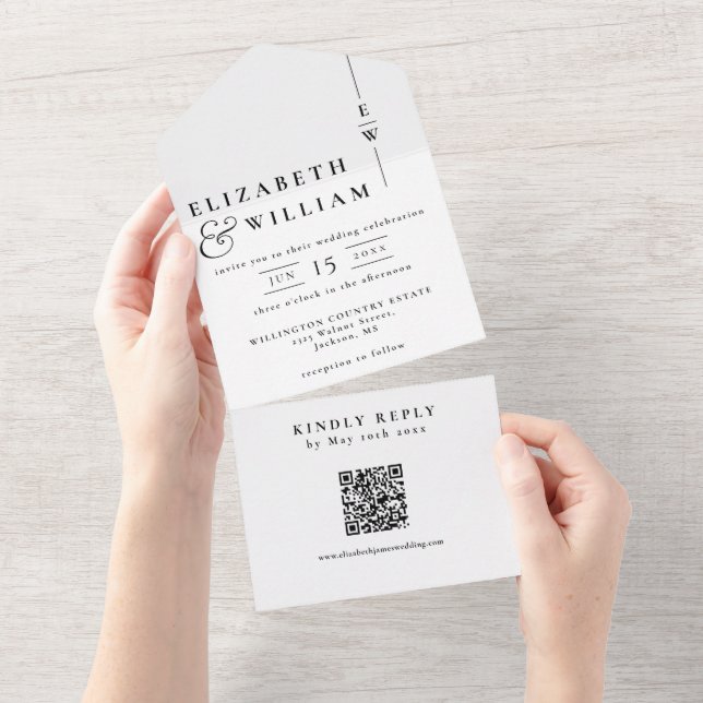 Black And White Elegant Monogram QR Code Wedding All In One Invitation (Tearaway)