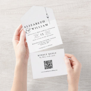 Black And White Elegant Monogram QR Code Wedding All In One Invitation