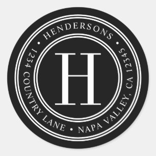 Black and White Elegant Monogram Return Address Classic Round Sticker