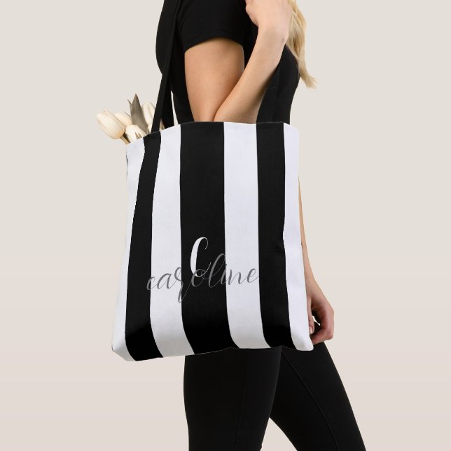 Black and White Elegant Monogram Striped Tote Bag (Close Up)