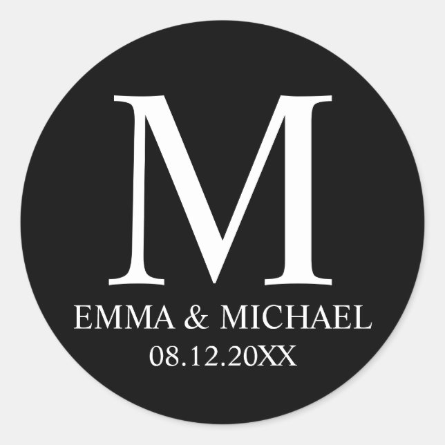Black and White Elegant Monogram Wedding Favour Classic Round Sticker (Front)