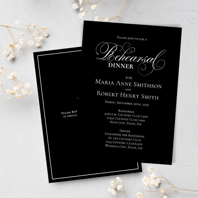 Black and White Elegant Rehearsal Dinner Invitation (Black and white calligraphy script rehearsal dinner invitation.)