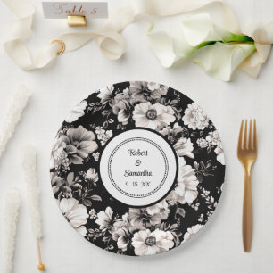 Black and white elegant roses wedding candles paper plate