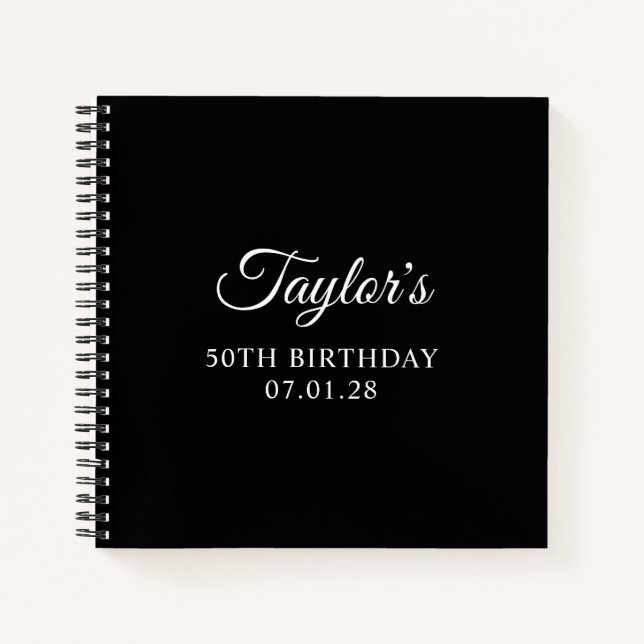 Black and White Elegant Script 50th Birthday Guest Notebook (Front)
