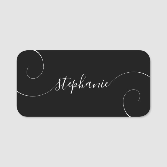 Black and White Elegant Script Curly Name Tag (Front)