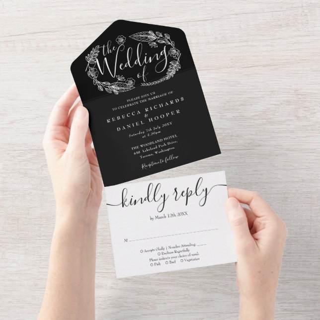 Black And White Elegant Script Foliage Wedding All In One Invitation (Tearaway)