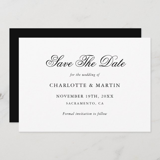 Black and White Elegant Script Minimalist Wedding Save The Date (Front/Back)