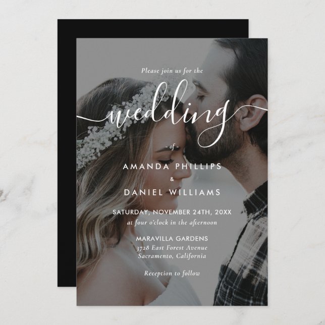 Black and White Elegant Script Photo Wedding Invitation (Front/Back)