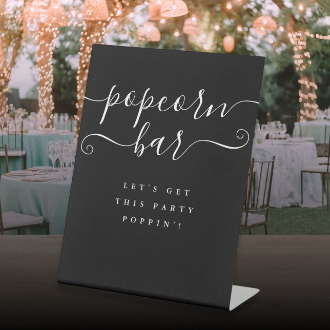 Black And White Elegant Script Popcorn Bar Pedestal Sign (Black And White Elegant Script Popcorn Bar Pedestal Sign)