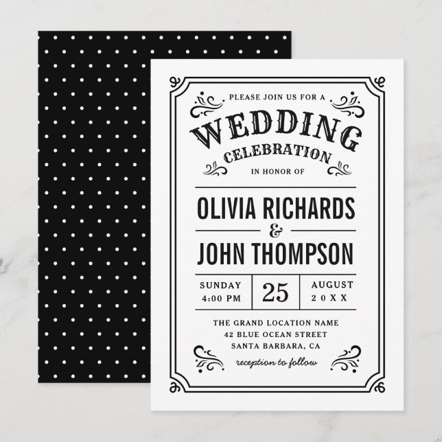Black and White Elegant Script Vintage Wedding Invitation (Front/Back)