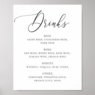 Black and white elegant script wedding drinks bar poster
